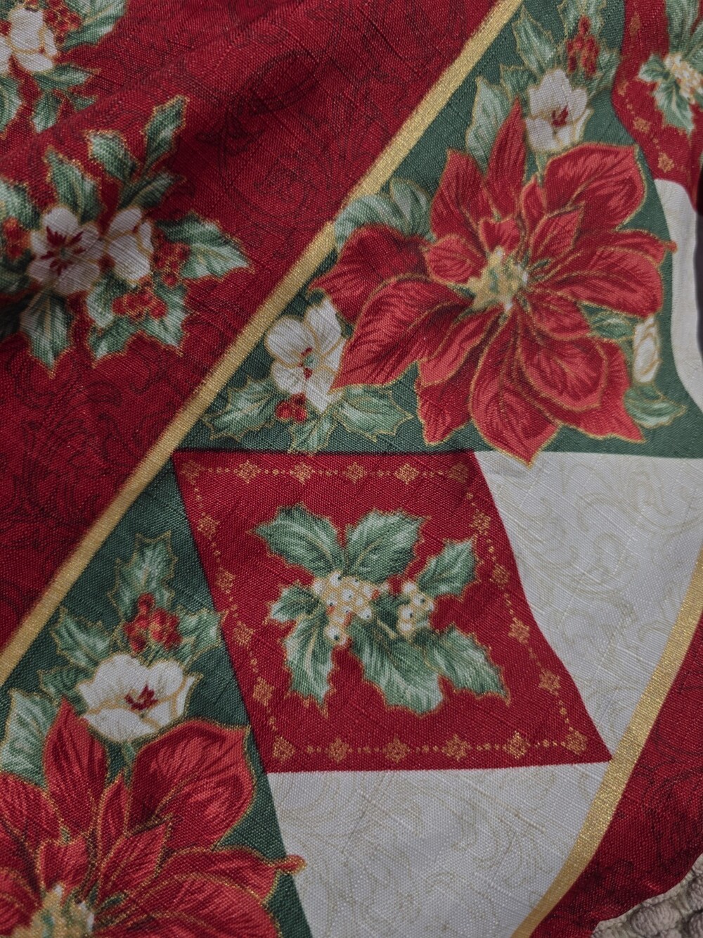 Vintage Christmas Round Tablecloth - Red Poinsettia Border Geometric Holiday